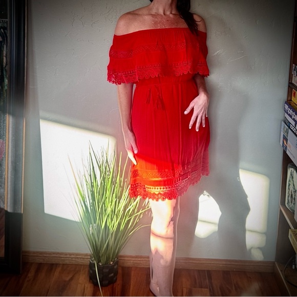 Onetheland Dresses & Skirts - One The Land Off The Shoulder Red Lace Tie Waist Dress